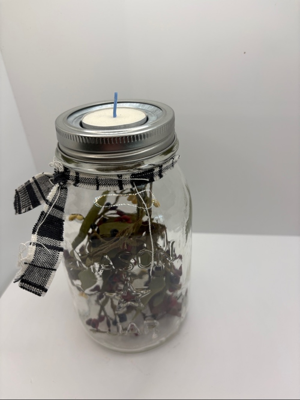 Vintage Mason STAR Jar Tealight Candle HOLDER W/ RUSTIC BERRIES, AND TIN HEARTS